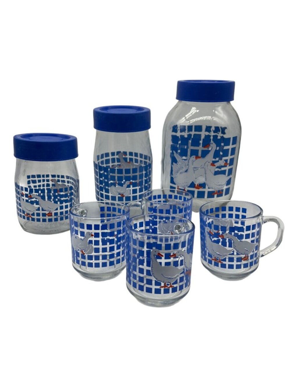 Glass Storage Jar Set With Blue Lids & Goose Design Includes Matching Cups Clear